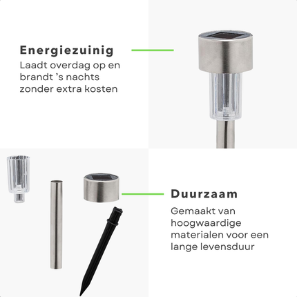 Cheqo® Solar Tuinverlichting Set - Padverlichting - 10 Stuks - RVS - Prikspots - Weerbestendig - Tuinspot met Grondspies Set - Buitenverlichting op Zonne-energie
