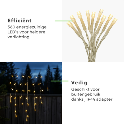 Cheqo® Ijspegel Verlichting - Kerstverlichting Buiten - Ijspegelverlichting Warm Wit - 360 LED - Transparant Snoer - 12 Meter - Lichtgordijn - Geschikt voor Binnen en Buiten - IP44 Adapter - Energiezuinig