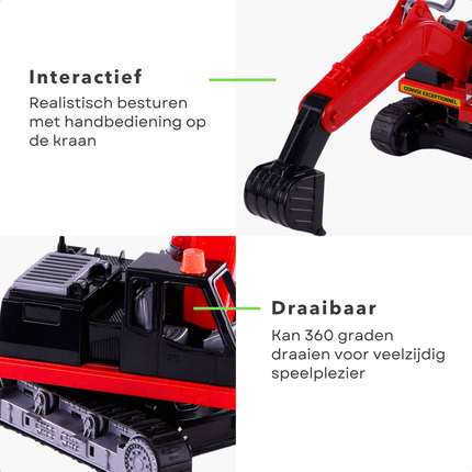 Cheqo® Speelgoed Graafmachine - Graaf Machine - Kraan Rood/Zwart - Draaibaar & Bestuurbaar - Ideaal voor Kinderen