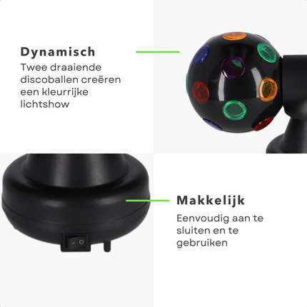 Cheqo® Dubbele Discobal Zwart - Discobol Feestverlichting - 10 cm LED - Draaiende Party Lamp