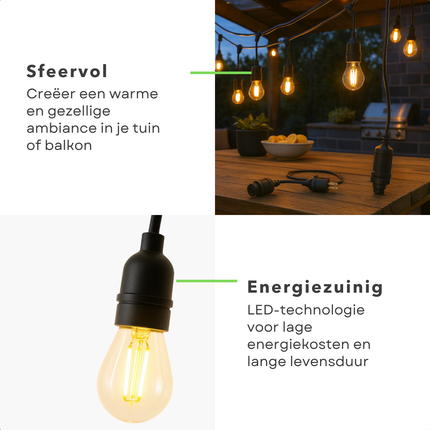 Cheqo® Outdoor Feestverlichting - 12,5 Meter Lang - 20 LED-Lampen - Warm Wit Licht - Tuinverlichting - LED Lichtslinger - Sfeerverlichting Buiten - Adapter Inbegrepen - Feestelijke Verlichting - Fairy Lights