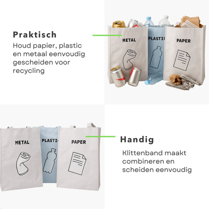 Cheqo® Afvalzakken Set - Afval Scheiden - Recycle Zakken - Koppelbare Afvalzakken - 3 Stuks - Klittenband Bevestiging - PP Materiaal - Milieuvriendelijk - Herbruikbare Zakken - Afval Sorteren - Kunststof Zakken