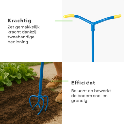 Cheqo® Tuinklauw met Lange Steel – Woelvork 95 cm – Grond Losmaken & Beluchten – Onkruidtrekker – Ergonomisch Tuin Gereedschap – 4 Tanden – Rugvriendelijk – Staal & Kunststof – Cultivator voor Hoveniers