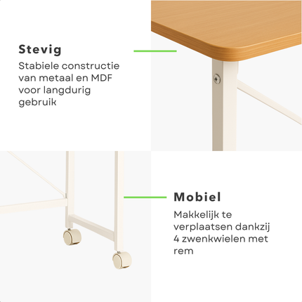 Cheqo® Inklapbare Wandtafel - Bijzettafel - Laptop Tafel - Haltafel - Bedtafel - Wit Metaal - Met Wielen