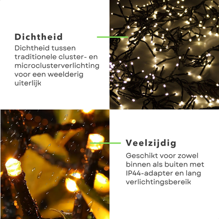 Cheqo® Kerstverlichting - Kerstboomverlichting - Kerstlampjes - 1200 LED - 18M - Voor Binnen en Buiten - Timer - 8 Lichtfuncties - Lang Snoer - Extra Warm Wit - Cluster Kerstverlichting - Sfeerverlichting - Feestverlichting Kerstboomverlichting