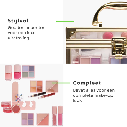 Cheqo® Kindermake-up Koffer - Goud/Transparant - Complete Set met Nagellak en Oogschaduw - Beauty Case met Vakken - Visagiekoffer - Cosmeticakoffer - Beautycase
