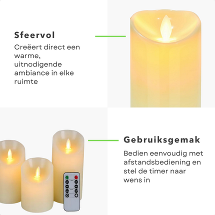 Cheqo® LED Kaarsen Set - Bewegende Vlam - Dimbaar en Ivoor - Inclusief Afstandsbediening