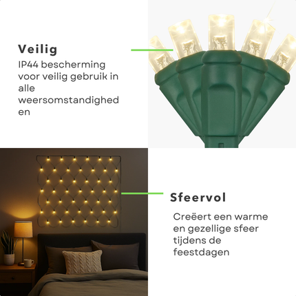 Cheqo® Netverlichting Buiten - Kerstverlichting - Kerstlampjes - Kerstboomverlichting voor Binnen en Buiten - 160 LED Lampjes - Lichtnet IP44 Waterdicht - Warm Wit Licht - LED Lichtsnoer - 2x1 Meter - Groene Kabel