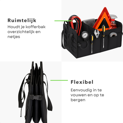 Cheqo® Kofferbak Organizer Auto – Opvouwbare Auto Opbergtas met Meerdere Compartimenten – Zwarte Kofferbak Opbergbox – Anti-Slip Ontwerp met Klittenband – Auto Accessoires – Waterdicht – Autostoel Organizer – Gereedschapstas
