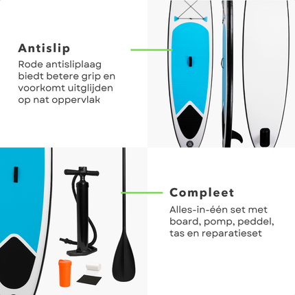 Cheqo® Opblaasbaar SUP Board Set - Supboard - Sup Pakket - Paddle Board - Anti-slip - Complete Set met Accessoires - Blauw/Wit - PVC Constructie