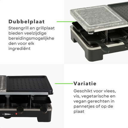 Cheqo® Gourmetstel Voor 8 Personen - Steengrill En Gewone Grill - Gourmetten Met Vrienden - Kerst Gourmetset - 8 Mini-Pannetjes - 9 Spatels Inbegrepen - Gourmetten - Grillplaat - Gourmet Stel - Tafelgrill