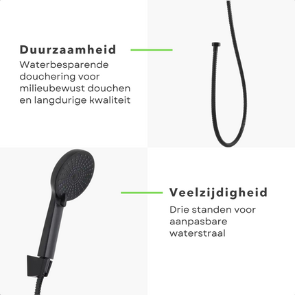 Cheqo® Complete Doucheset - Zwarte Douchekop met Doucheslang en Houder - 3 Standen - Waterbesparend