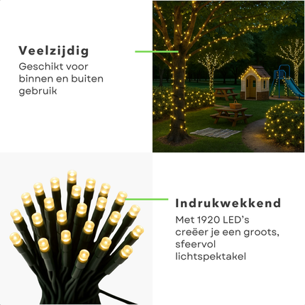 Cheqo® Kerstverlichting - Kerstlampjes - Kerstboomverlichting  - 1920 LED - Warm Wit - Verlichte Lengte 25 Meter - 8 Lichtfuncties - Automatische Timer - Binnen en Buiten - IP44 Adapter - Geheugenfunctie - Moderne Verlichting