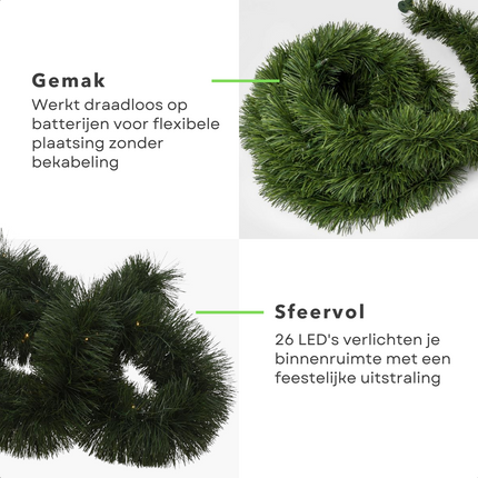 Cheqo® Feestelijke Kerstslinger - 270 Cm - 26 LED's - Op Batterijen - Guirlande - Kerstversiering - Kerstlampjes - Kerstboomverlichting - Kerstverlichting - Sfeerverlichting - Kerst Slinger - Warm Wit Guirlande