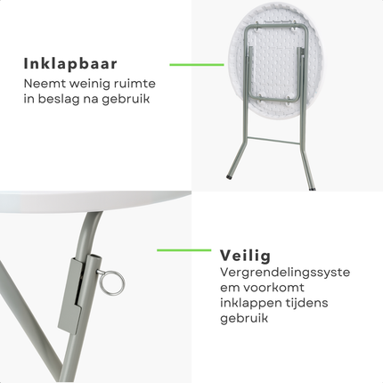 Cheqo® Opvouwbare Bartafel Ø80x110 cm – Ronde Statafel Wit – Inklapbare Partytafel – Kunststof Tafelblad – Stalen Frame – Anti-Slip Poten – Weerbestendig – Klaptafel voor Binnen & Buiten – Draagvermogen 50 kg – Tuinfeest & Evenement