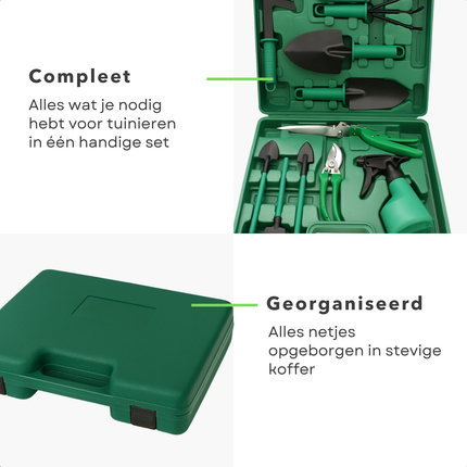 Cheqo® Tuingereedschap Set - Tuingereedschap Set - Snoeischaar- Tuinset - Snoeischaar - Tuinieren - Complete 10-Delige Set met Opbergkoffer - Inclusief Plantenspuit
