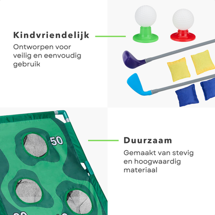 Cheqo® 2-in-1 Kinderspel Golf & Cornhole Set - Educatief Buitenspeelgoed - Werpspel - Inclusief Doelen en Clubs - Beanbag Game