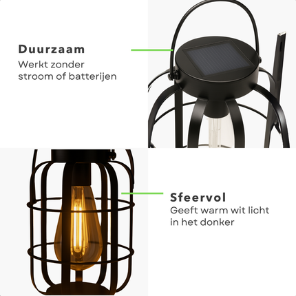 Cheqo® Solar Tafellamp Buiten – Draagbare Lantaarn op Zonne-energie – LED Warm Wit Licht – IP44 Spatwaterdicht – Tuinverlichting – Terras & Balkon Verlichting – Metalen Behuizing – Zonder Bedrading – Oplaadbare Batterij