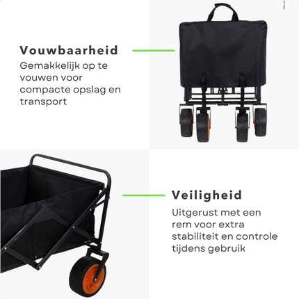 Cheqo® Opvouwbare Bolderkar met Rem - Zwart - 101x56x104 cm - Max. 80 kg - Inklapbaar - Handige Bolderwagen
