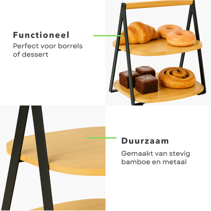 Cheqo® Bamboe Etagere - 2-Laags Etagere - Inklapbare Etagere - Serveertoren Bamboe - Bamboe En Metaal - 30 cm Hoogte - Eenvoudig Inklapbaar - Niet Vaatwasserbestendig - Bamboe Serveerplateau - 2 Lagen - Bamboe Hout - Stijlvolle Etagere