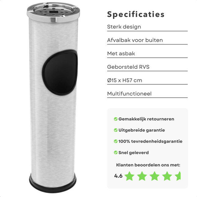 Cheqo® RVS afvalbak met staande asbak, 57 cm hoog, ontworpen voor binnen en buiten, met geborsteld RVS en multifunctioneel design.