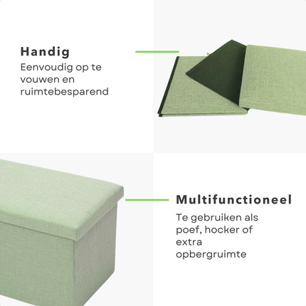 Cheqo® Opvouwbare Poef Met Opbergruimte - Groen - Grote Opbergbox - Organizer - Voetenbankje - Hocker - MDF en Katoen