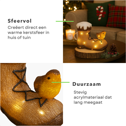 Cheqo® Verlicht Kerstfiguur Acryl - Vogel Op Laars - LED Verlichting - Kerstversiering - Acryl Materiaal - Werkt Op Batterijen - Binnen En Buiten - Timerfunctie - IP44 Batterijbox - Verlicht Kerstfiguur - Decoratieve Verlichting