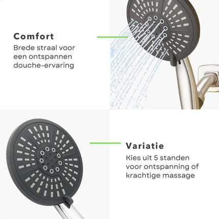Cheqo® Douchekop 5 Standen - Universele Douchekop - Verstelbare Douchekop - Massagefunctie Douchekop - ABS Materiaal Douchekop - Ø 15 cm Douchekop - Standaard Aansluiting - Eenvoudig Schoon Te Maken - Brede Waterstraal - Smalle Massagestraal
