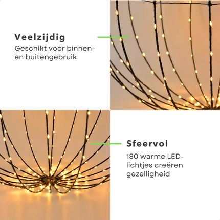 Cheqo® Verlichte Kerstbal - LED Lichtbal - Lichtbol - Kerstverlichting - Kerstbal Verlicht - 45cm - Metalen Frame - LED Buitenverlichting - Zwart