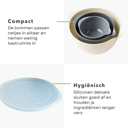Cheqo® Mengkommen Set - Beslagkom Met Deksel - Polypropyleen Mengkom - Keuken Essential - 3-Delige Set - Vaatwasserbestendig - Magnetronbestendig - Nestbare Kommen - Compacte Opslag - Schenktuit - Siliconen Deksel - Bakken En Mixen