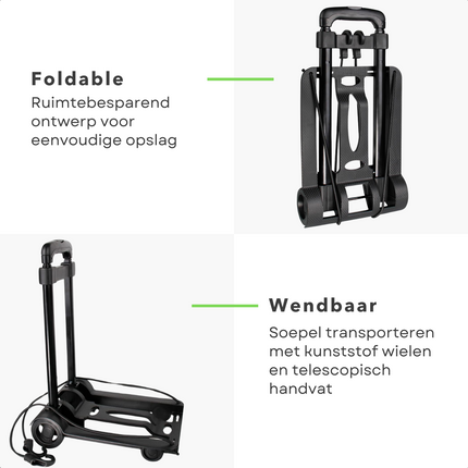 Cheqo® Opvouwbare Steekwagen - Transporttrolley met Handige Bagagespin - Lichtgewicht en Sterk - Draagvermogen tot 30 kg - Metaal en Kunststof - Telescopisch Handvat - Gewicht van 1.2 KG - Kunststof Wielen - Transportwagen - Verhuiswagen - Steekkar Steekwagen