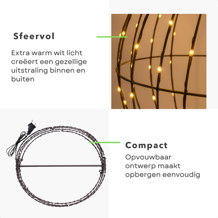 Cheqo® Lichtbol Metaal - Kerstverlichting Met Timer - Extra Warm Wit - 240 LED Kerstbal - Kerstfiguur - Zwart Metalen Frame - Geschikt Voor Binnen En Buiten - Opvouwbaar Ontwerp - IP44 Adapter - Automatische Timer - Kerstdecoratie
