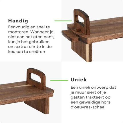 Cheqo® Luxe Serveerplank - Acacia Hout - 36 x 13 cm - Stijlvolle Houten Serveerplank - Borrelplank - Hapjesplank - Staande Borrelplank - Duurzaam - Tapasplank - Perfect voor Feestjes en Borrels Serveerplanken