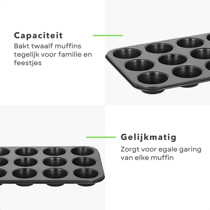 Cheqo® Muffinbakvorm 12 Vaks - Muffinvorm 12 Vaks - Cupcake Bakvorm 12 Vaks - Muffin Tray 12 - Cupcake Tray 12 - Bakblik Muffins 12 - Muffin Bakplaat - Cupcake Bakplaat - Muffinvorm - Muffinbakvorm