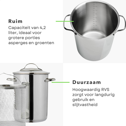 Cheqo® RVS Aspergepan - Pastakoker - Pan voor Asperges en Pasta - Met Glazen Deksel - Grote Kookpan 4.2L - Alle Warmtebronnen - Ook voor Inductie