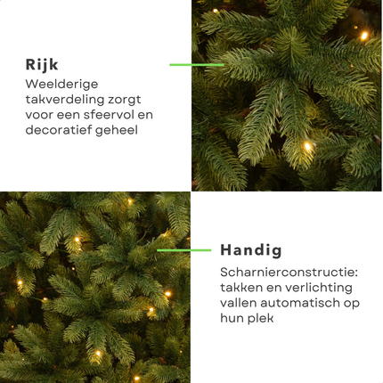 Cheqo® Kunstkerstboom Met LED-Verlichting - LED-Lampjes Warm Wit - Natuurlijke Uitstraling - Volle Kerstboom - Scharnier Constructie - Luxe Takverdeling - 180 CM Kerstboom - Groene Kerstboom - Eenvoudig Op Te Zetten