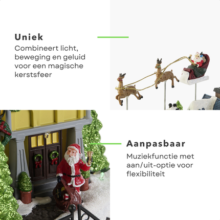 Cheqo® Kerstdorp Vliegende Arreslee - Kersthuisje - Kersttafereel met LED Verlichting - 35 cm - Kunststof - Met Muziek