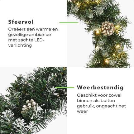 Cheqo® Kerstkrans met Kerstlampjes - LED Verlichting - Deurkrans - Kerstdecoratie - Kerst Krans - 60 cm Weerbestendig - PVC Kunstkerstkrans met Verlichting