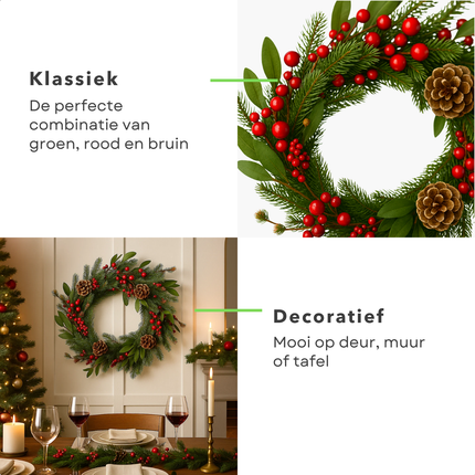 Cheqo® Kerstkrans Groen - Ø50 cm - Traditionele Kerstdecoratie - Rode Bessen - Bruine Dennenappels - Polyetheen Materiaal - Klassieke Kerstkleuren - Eenvoudige Ophanging - Kerstinterieur - Groene Dennentakken - Deurkrans