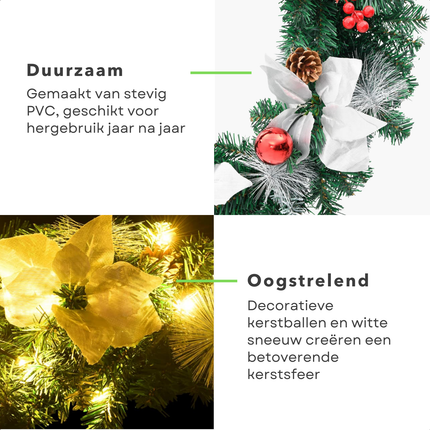 Cheqo® Kerstkrans met Kerstlampjes - LED Verlichting - Deurkrans - Kerstdecoratie - Kerst Krans - 60 cm - PVC - Binnen/Buiten - USB Aansluiting