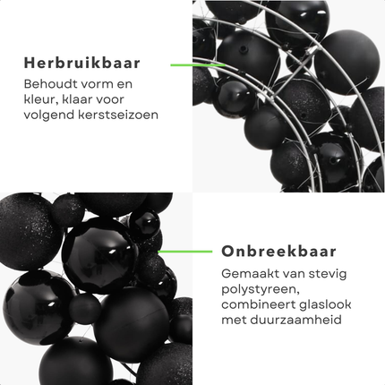 Cheqo® Zwarte Kerstkrans met Kerstballen - Deurkrans - Kerst Krans - Zwart - 45 cm - Kerstballen Kunststof - Kerstdecoratie