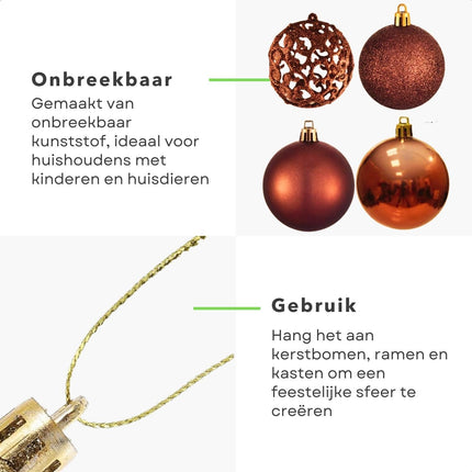 Cheqo® Luxe Kerstballen Set - Kerstballenset - Kerstdecoratie - Kerstboom Versieren - Kerstversiering - Onbreekbaar - Met Ophangoogje - Kerstversiering Kerstboom - Mat - Glans - Glitter - 100 Stuks - Koper - Bruin - Verschillende Texturen Kerstballen