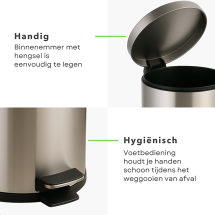 Cheqo® RVS Pedaalemmer 30L - Prullenbak - Afvalbak - Prullenmand - Vuilnisbak - Met Binnenemmer en Anti-slip