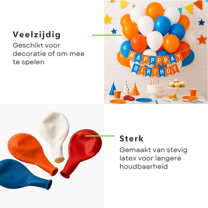 Cheqo® Ballonnen Rood Wit Blauw Oranje - 100 Stuks Ballonnen - Feestballonnen - Ballonnen - Vrolijke Ballonnen - Speelballonnen - Feestdecoratie EK WK Koningsdag - Kleurrijke Ballonnen - Ballonnen Voor Feestjes - Ballonnen Nederland