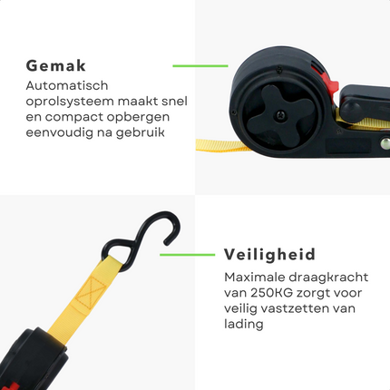 Cheqo® Nylon Spanband - 4 Meter - Sjorbanden - Bindriemen - Met Ratel - Elastische Banden - Multifunctioneel - Hoge Kwaliteit - Extra Sterk - Metalen Haak - Stevige Gesp - Max. 250KG - Verhuishulp - Nylon - Automatisch Oprolsysteem Spanbanden