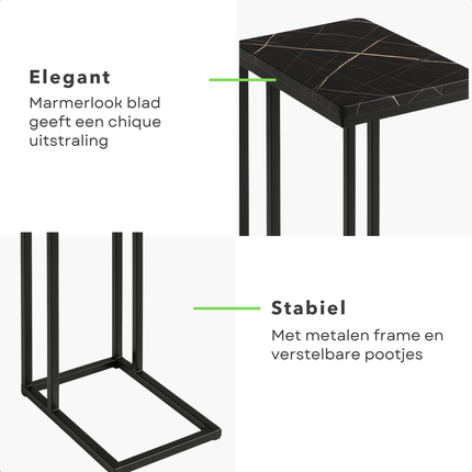 Cheqo® Bijzettafel - Bedtafel - Laptoptafel - Banktafel - Bijzettafeltje - Salontafel - Bijzet Tafel - Metaal - Marmeren MDF Tafelblad - Kleine Moderne Tafel - Zwart