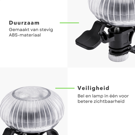 Cheqo® Fietsbel - Fietsbel met Licht - Fietsbel met Lampje - Fietsbel met LED Verlichting - Fietsbel LED - Fietsbel Universeel - Zwarte Fietsbel - Transparante Fietsbel - Fietsbel voor Kinderen - Fietsbel voor Volwassenen
