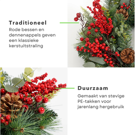 Cheqo® Kerstkrans - Deurkrans - Rode Bessen - Dennenappels - Groene Naaldtakken - Traditionele Kerstdecoratie - Klassieke Uitstraling - Stevige Takken - Polyetheen Materiaal - Kerst Krans - Deurkrans - Herbruikbaar - 50 CM Diameter