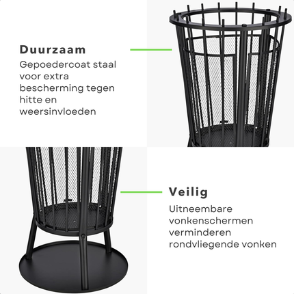 Cheqo® Vuurkorf - Vuurkorf Met Vonkenscherm - Vuurkorf Voor Buiten - Vuurkorf Met Bodemplaat - Vuurkorf Rond - Zwarte Vuurkorf - Vuurkorf Op Poten