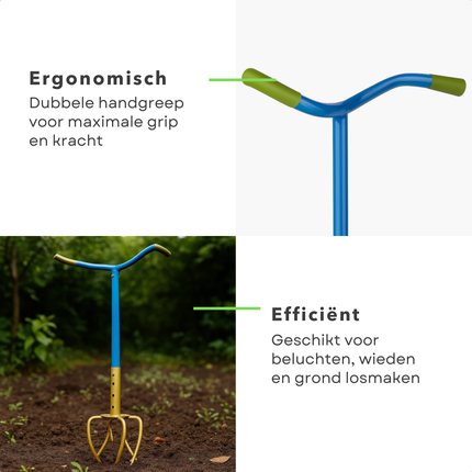 Cheqo® Tuinklauw Verstelbaar - 4-Tands Woelvork - Grond Beluchten - Onkruid Verwijderen - in Lengte Verstelbaar - Ergonomisch Handvat - Staal met Kunststof - Rug- en Knieontlastend - Tuinieren zonder Bukken - Woelvork met Handvatten